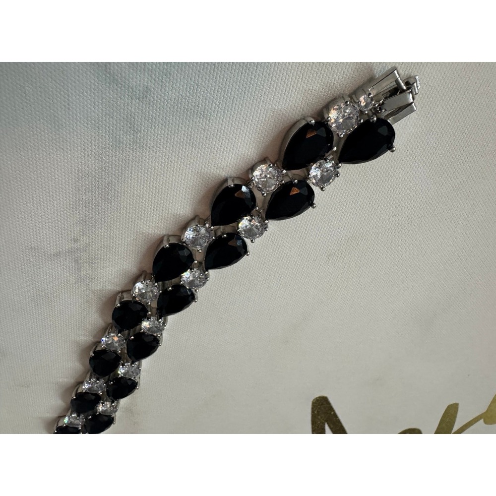 Black Pear Cut Crystal Tennis Bracelet Silver Tone 8 Inch Jewelry